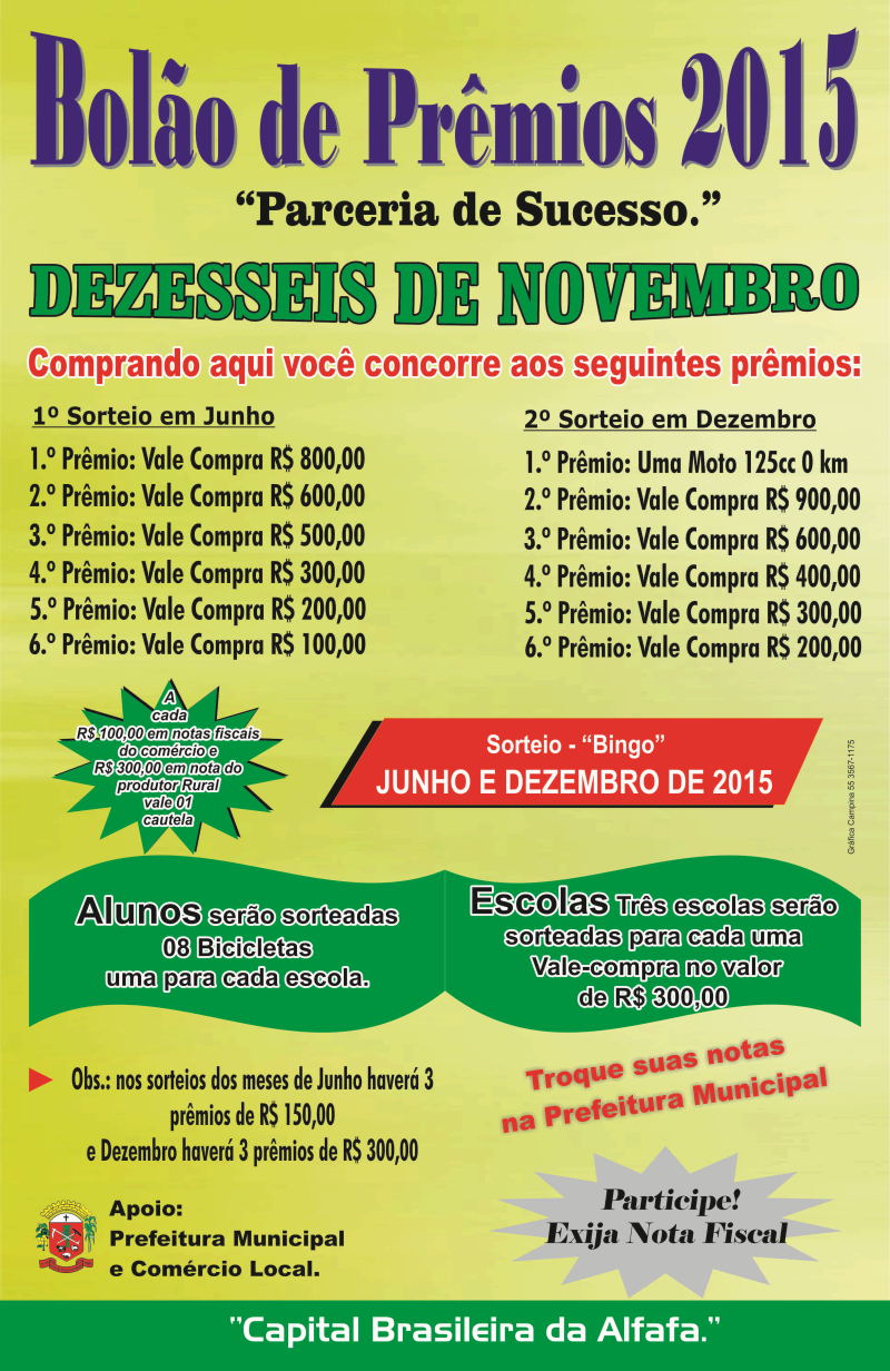 BOLÃO DE PRÊMIOS 2015, RESULTADO DO 1º SORTEIO
